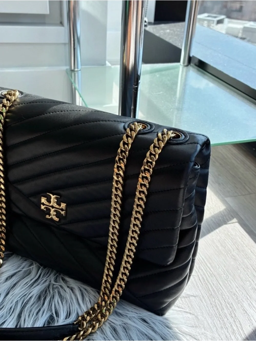 Tory Burch Black Quilted Shoulder Bag with Gold Chain Strap
